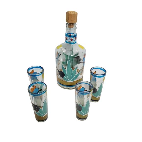 Vintage Hand Painted Mexican Teguila Decanter Set With 4 Shot Glasses 31826-1Bx9 - Picture 2 of 10